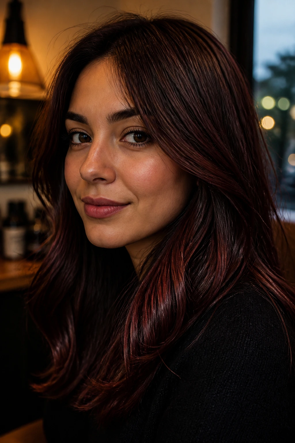 Close-up portrait of a woman with mulled wine brunette burgundy undertones