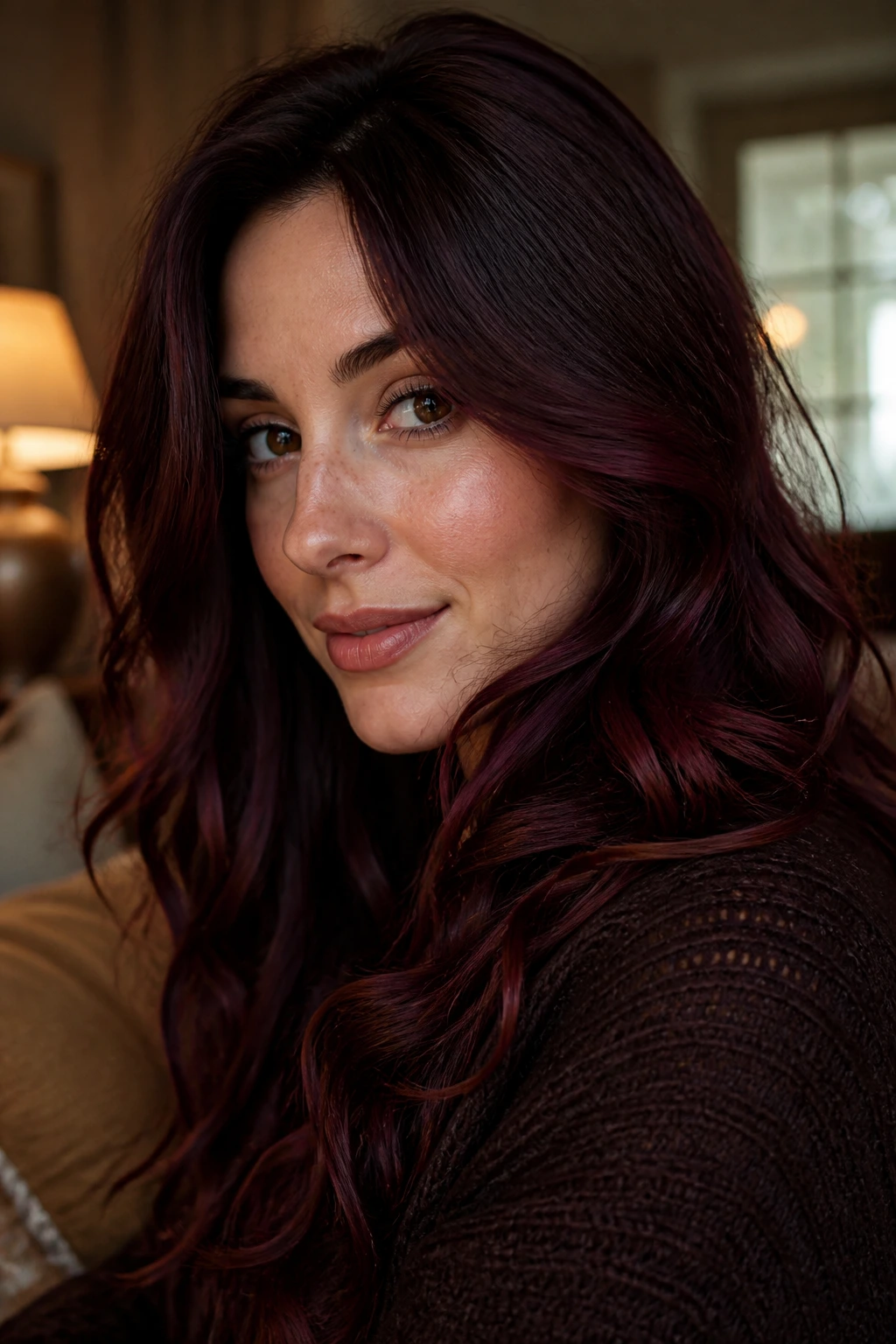 Close-up of mulled wine brunette hair showing deep brown base with red-violet reflections