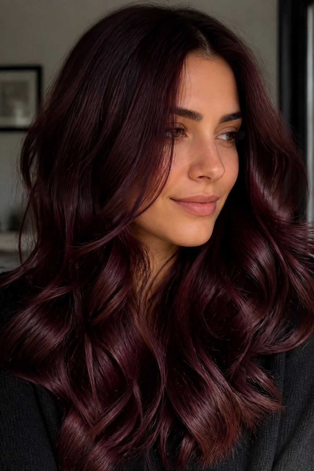 Long wavy brunette with mulled wine red-violet shade