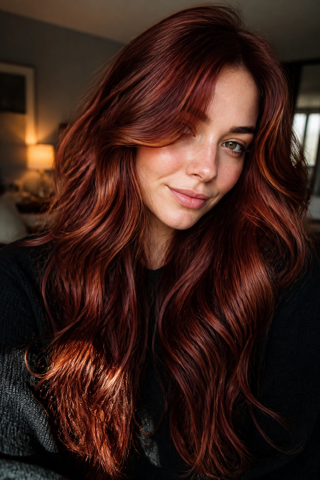 Close-up of a real person with mulled wine copper hair in a warm indoor setting.