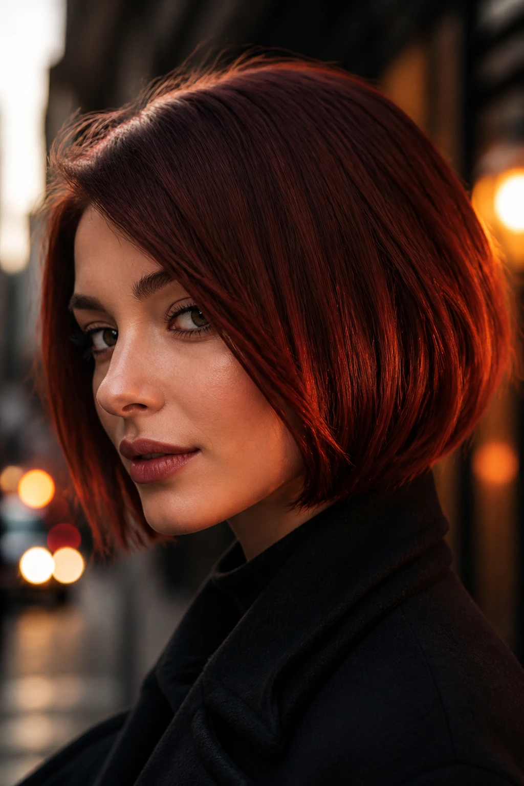 Close-up of a person with mulled wine copper bob hairstyle.