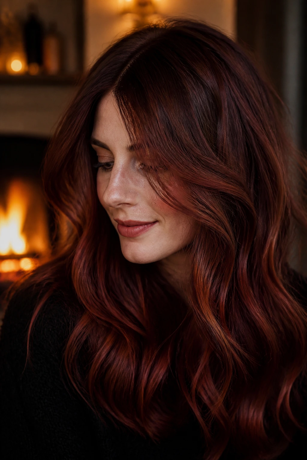 Real woman with deep berry-brown base and copper-red layering in Mulled Wine Copper lighting.