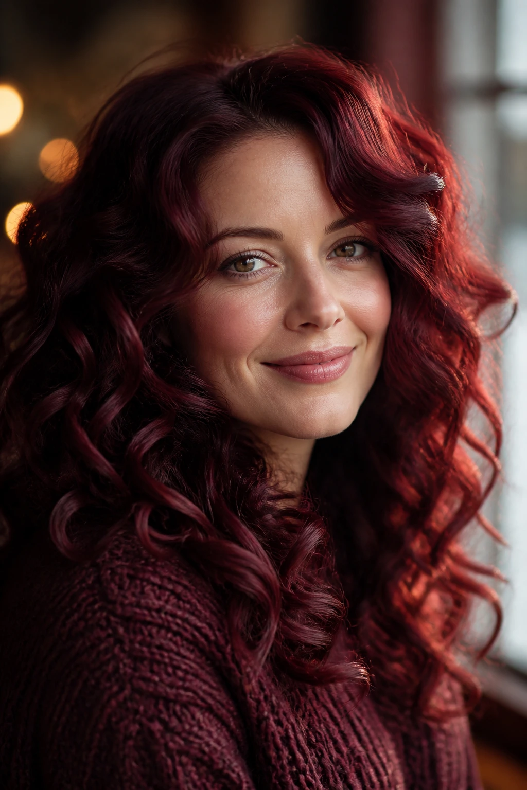 Close-up portrait of a woman with mulled wine curls in warm winter light