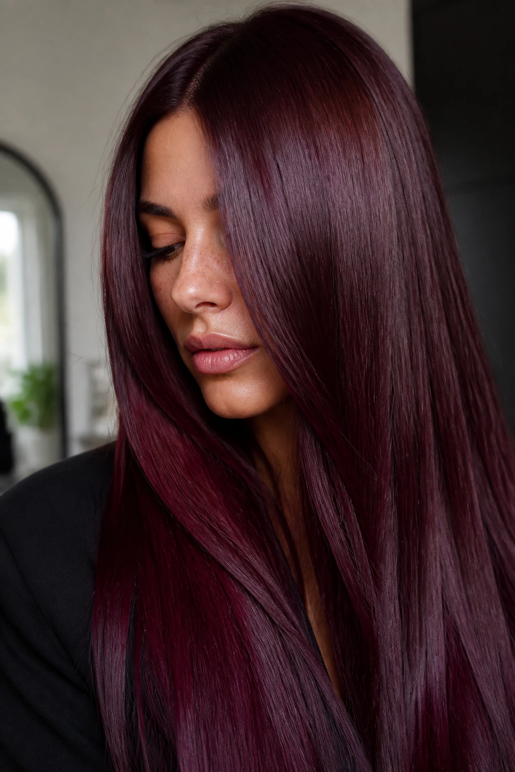 Real person with sleek mulled wine gloss hair in a modern room