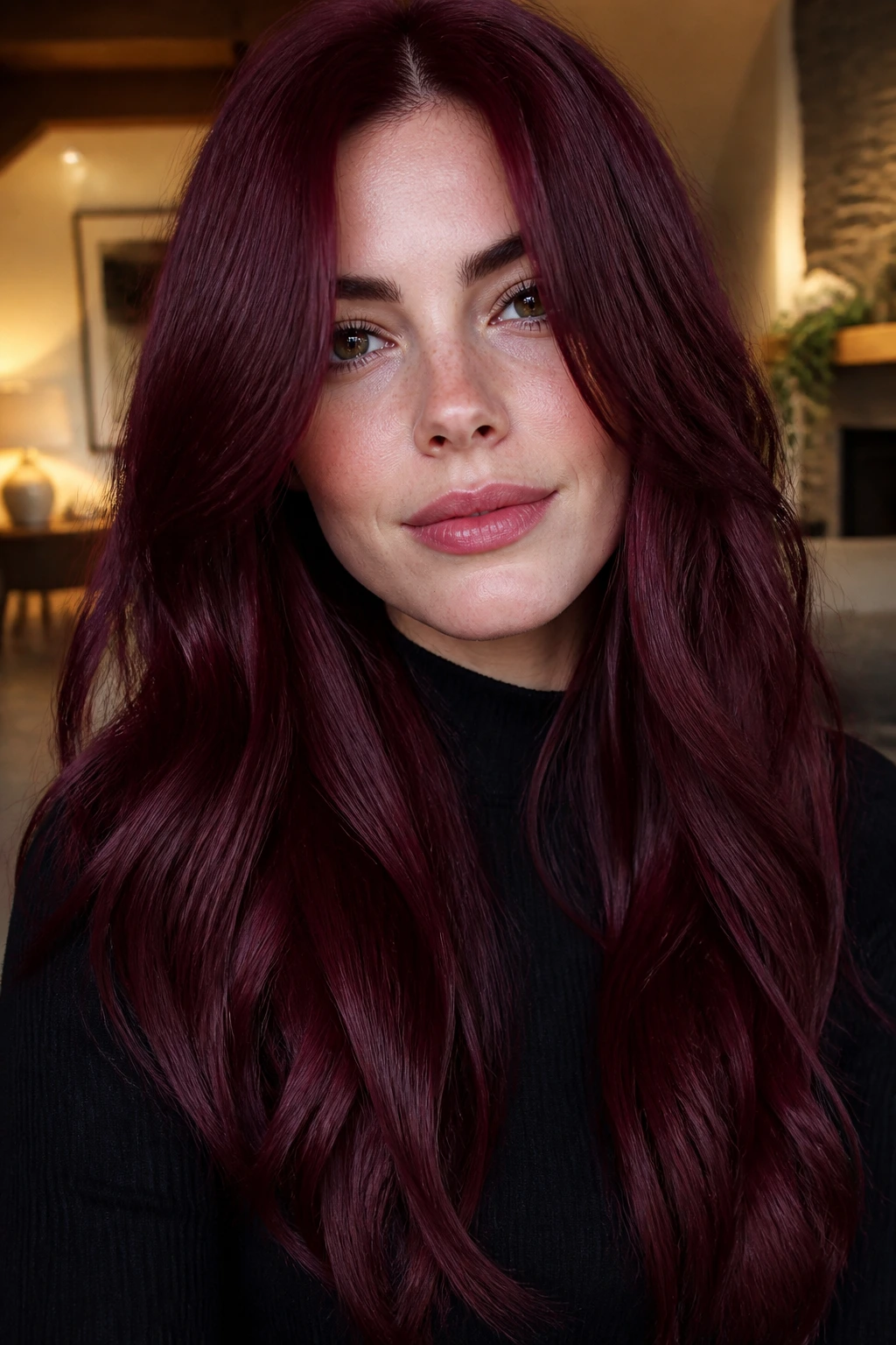 Close-up of a person with mulled wine gloss hair