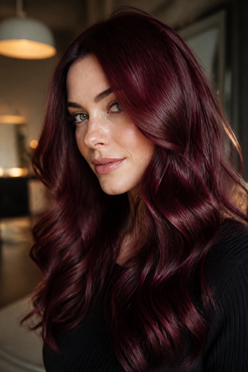 Close-up of mulled wine gloss hair with deep plum-red color and high shine