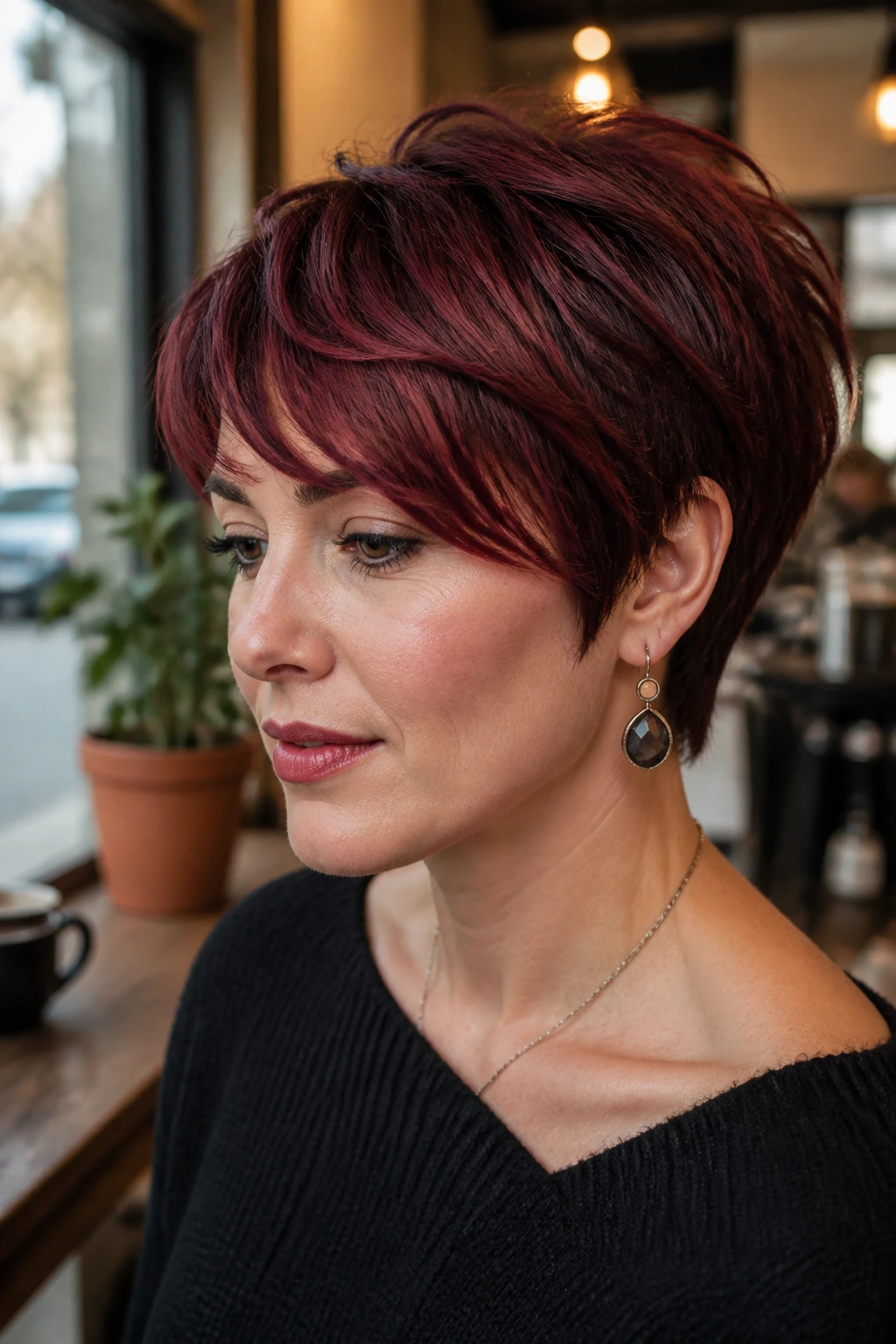 Close-up portrait of a real person with mulled wine layered crop showing depth of red tones.
