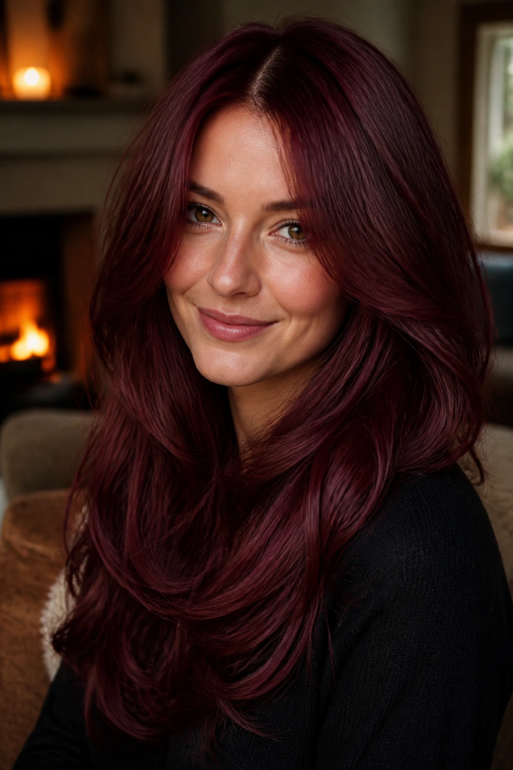 Close-up portrait of a real woman with mulled wine long layered hair