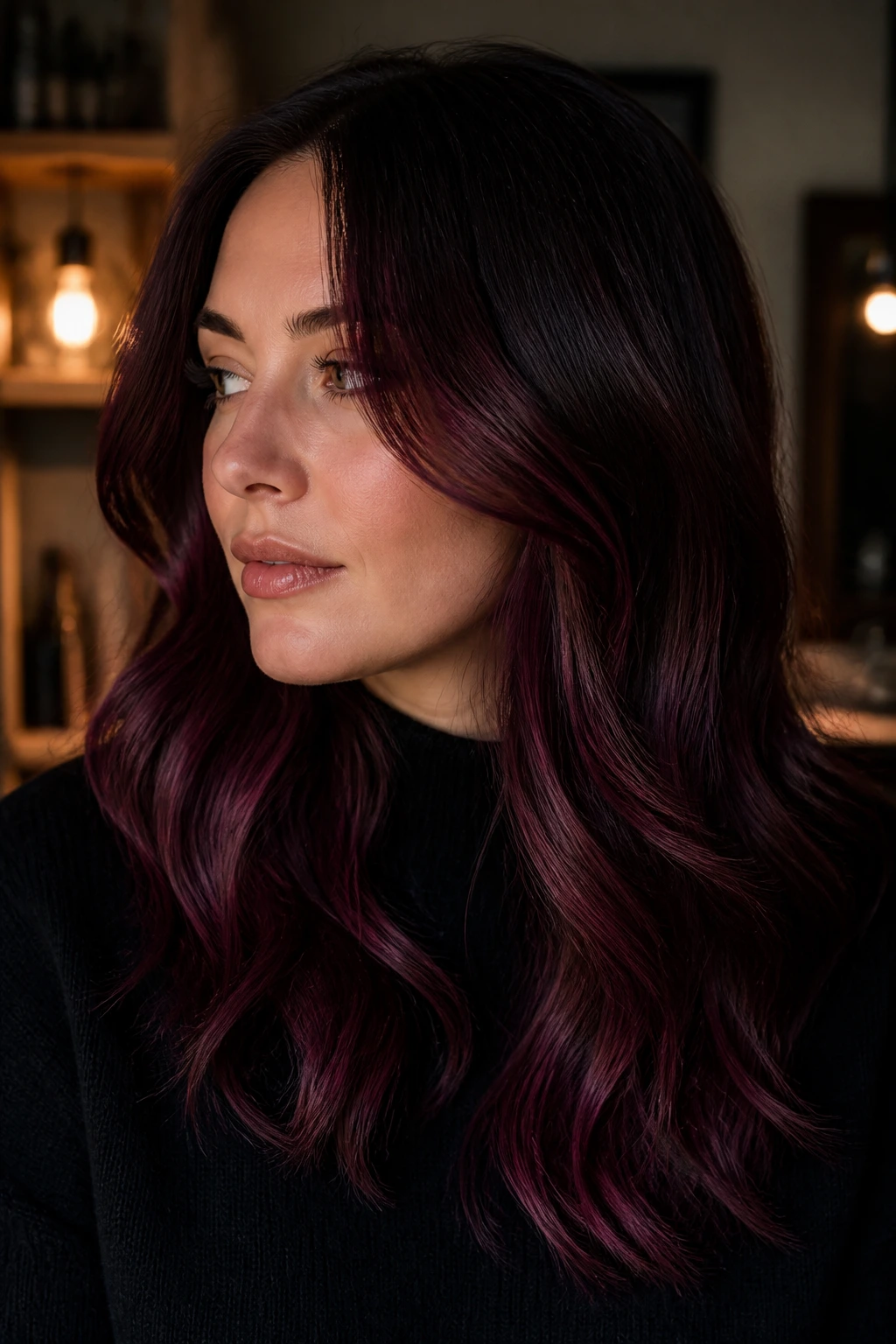 Close-up portrait of a real woman with mulled wine panel hair in deep brunette