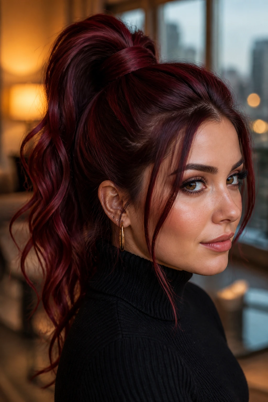 Real woman with mulled wine high ponytail in a warm-lit interior
