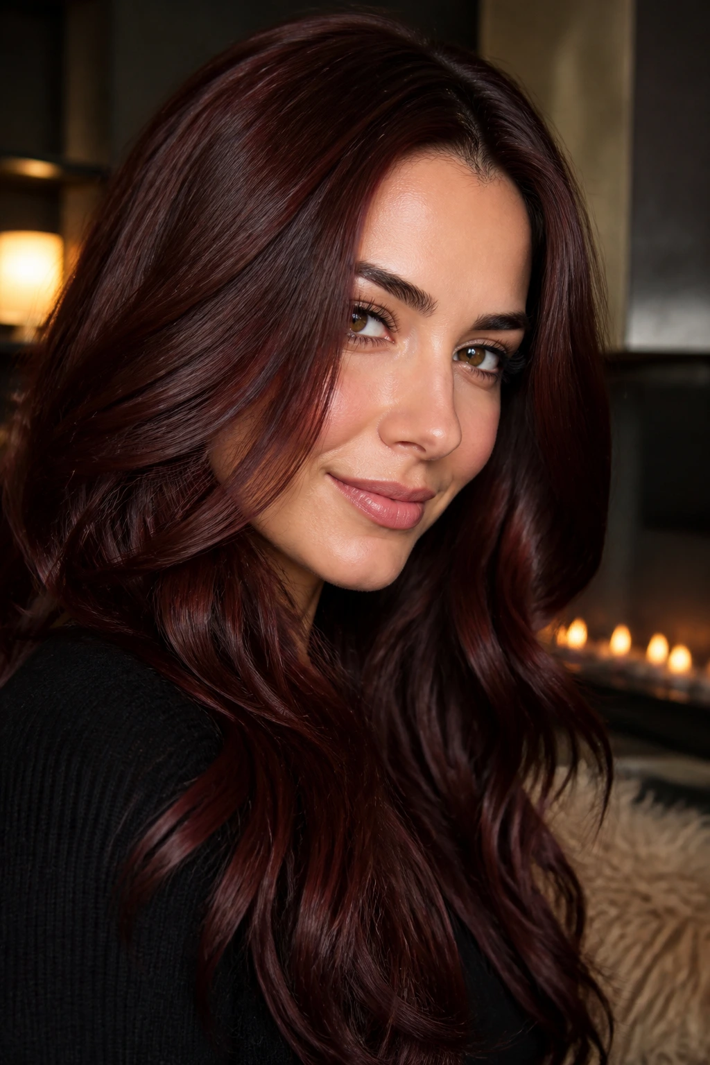 Close-up of mulled wine red hair with brown depth on a real woman