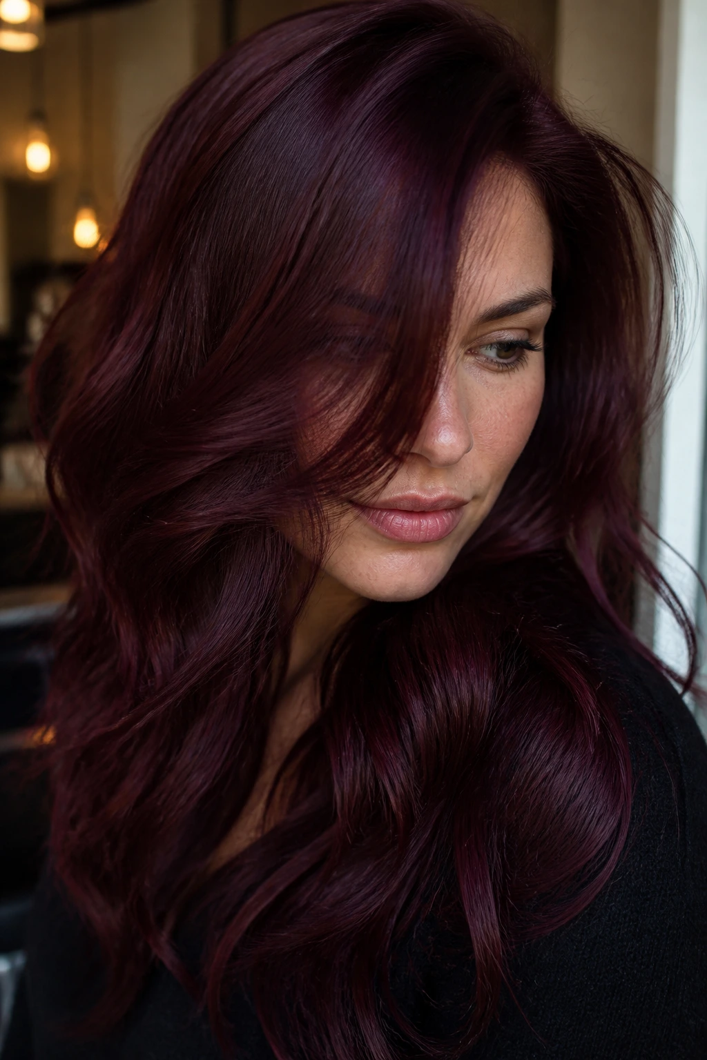 Close-up portrait of a person with mulled wine red hair in moody indoor lighting.