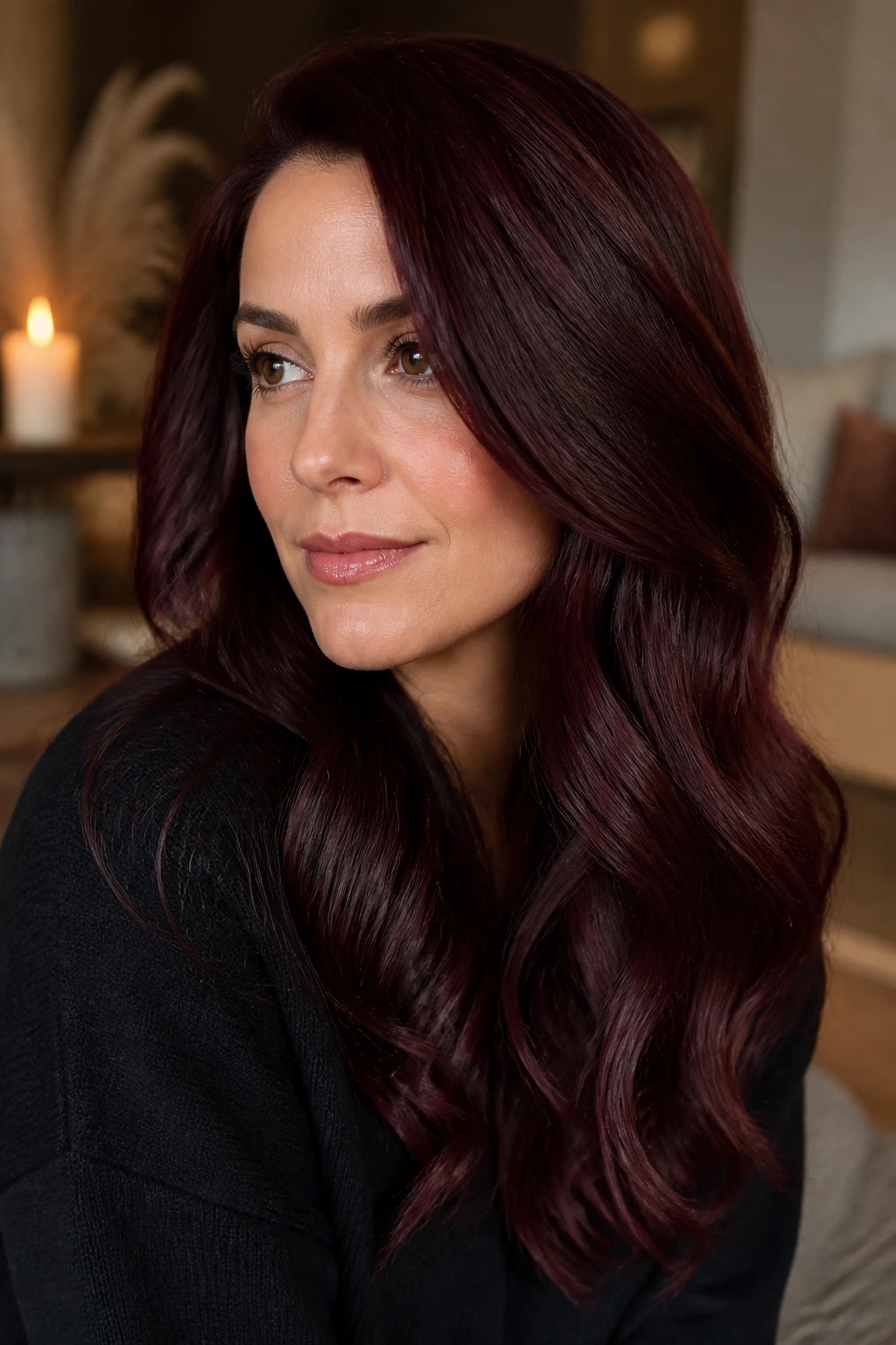 Close-up portrait of mulled wine red hair with rich depth