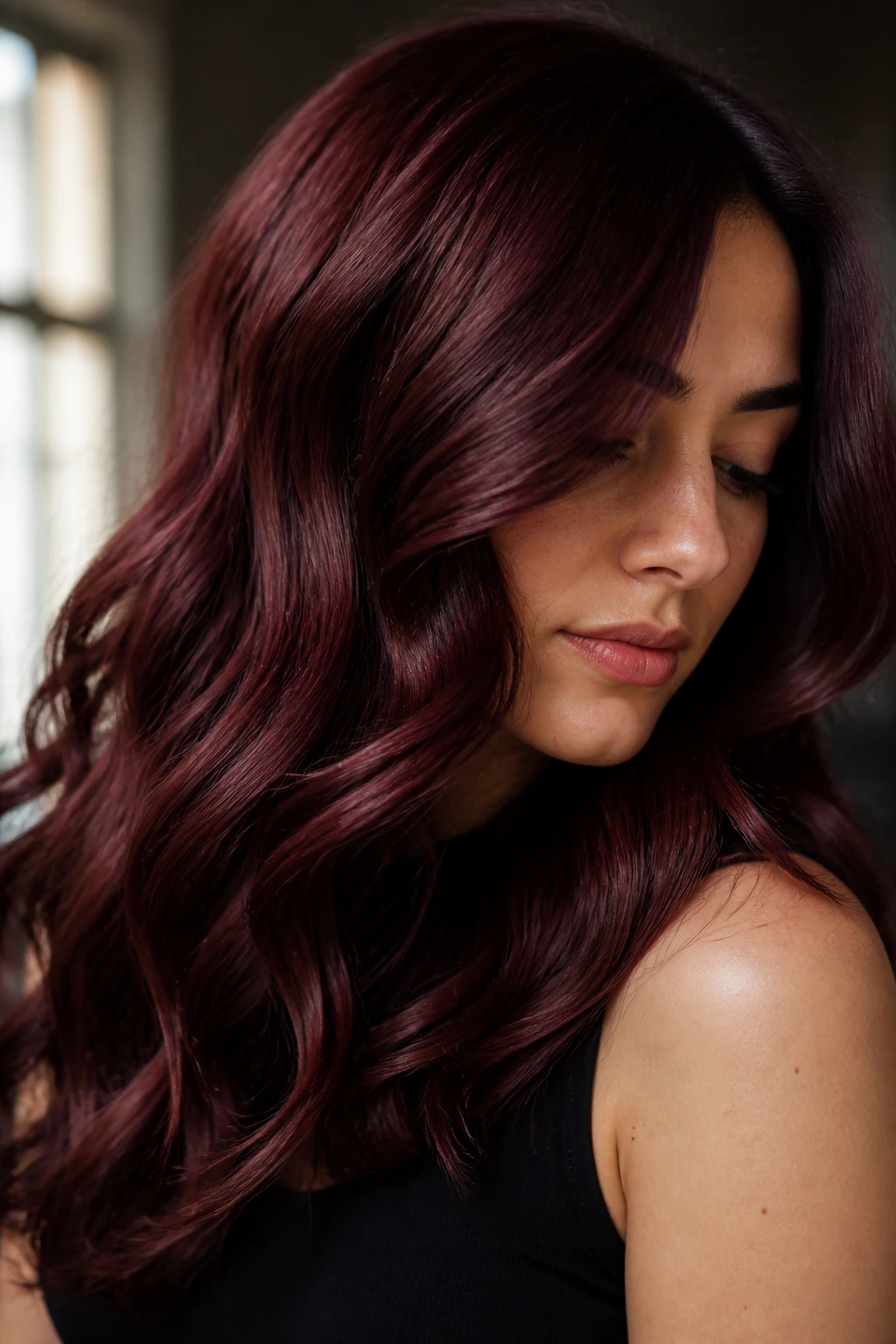Close-up of a real person with mulled wine waves in burgundy tones
