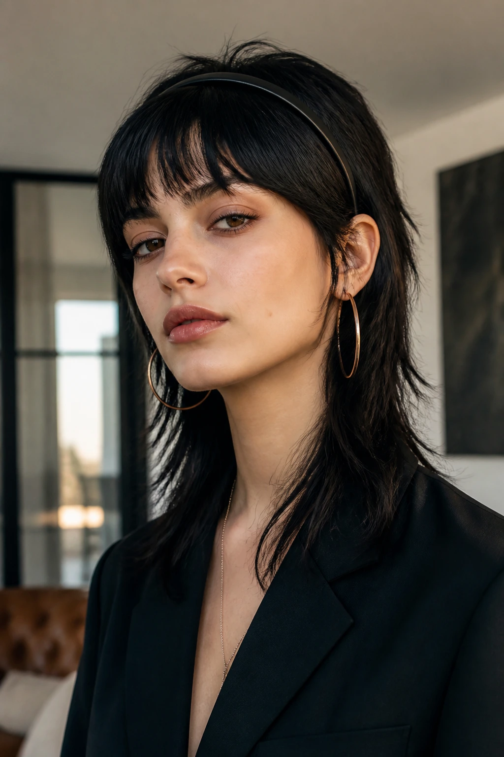 Real person wearing mullet with bold accessories in stylish room