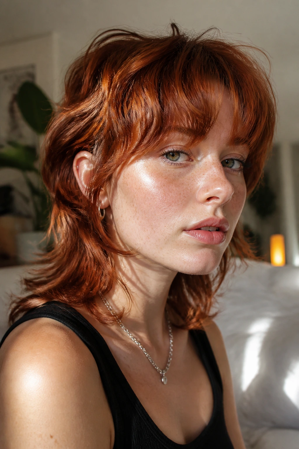 Close-up of a real person with auburn mullet showing soft fringe and rounded edges in warm window light