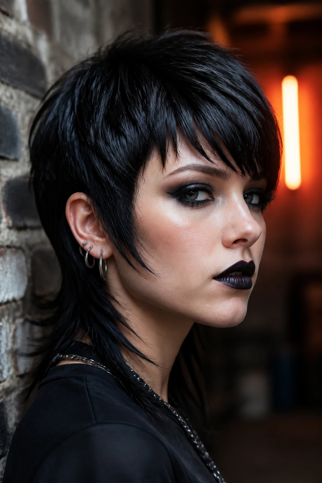 Close-up portrait of a real person with a mullet bang sweep in moody goth backstage lighting