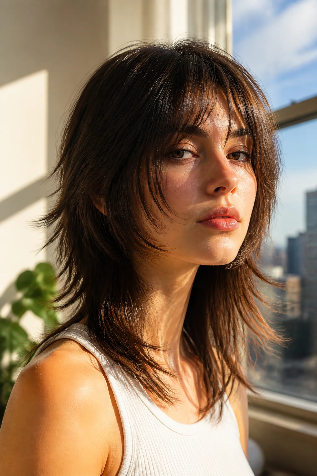 Portrait of a real person with bent-end layered mullet and soft bend at the ends.