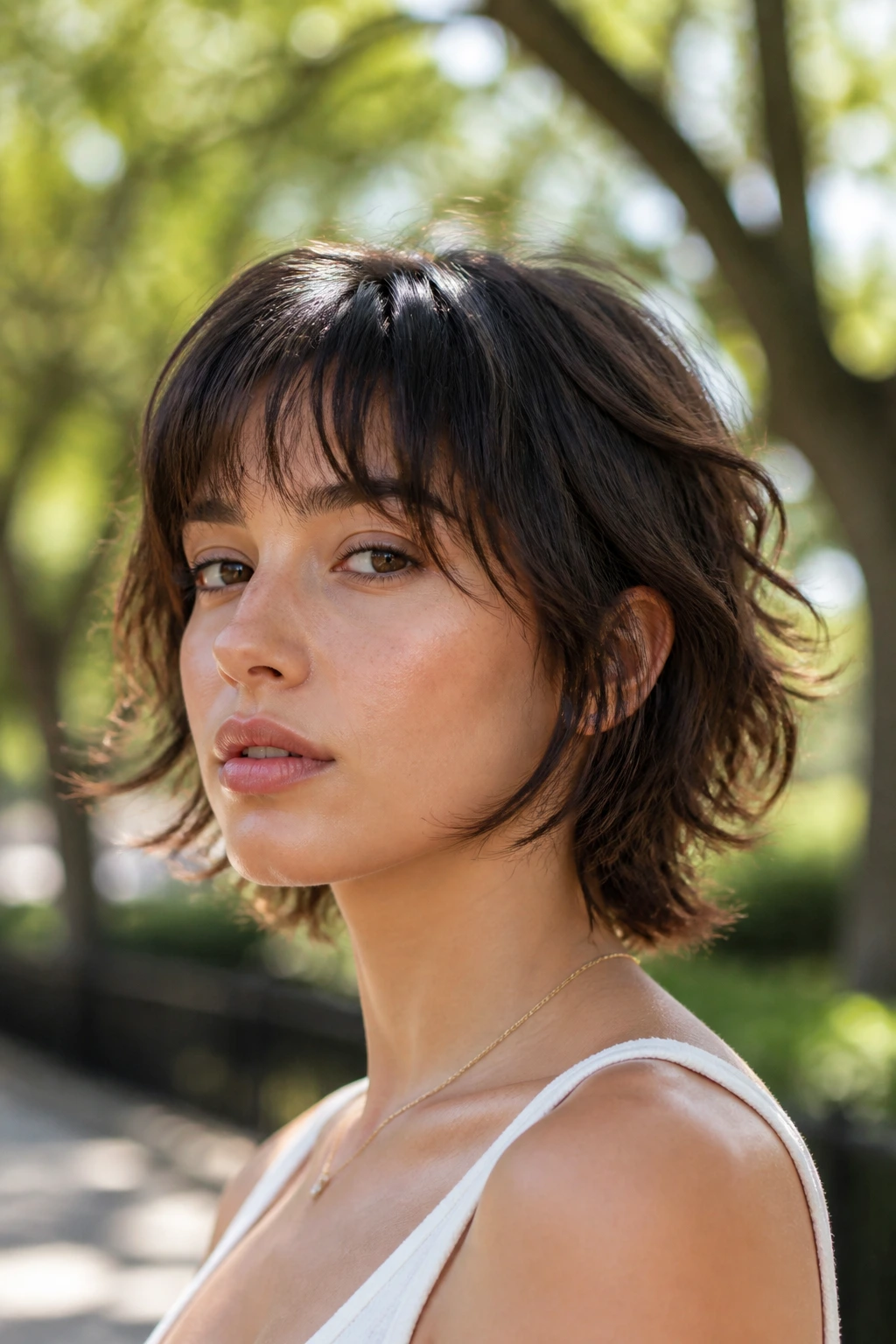 Close-up portrait of a real person with tousled mullet bob and soft fringe in park light