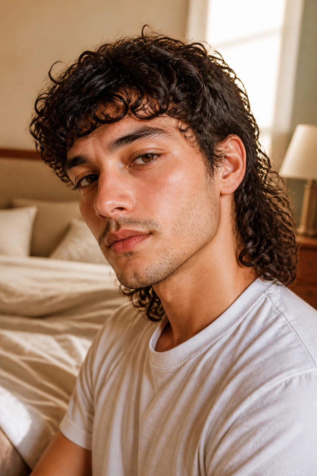 Close-up of a real person with curly mullet in a cozy bedroom reflecting care routines