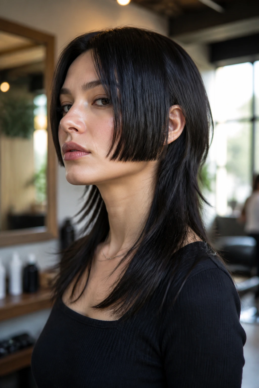 Close-up portrait of a real person with chin-front mullet and long back, straight hair, in a salon.