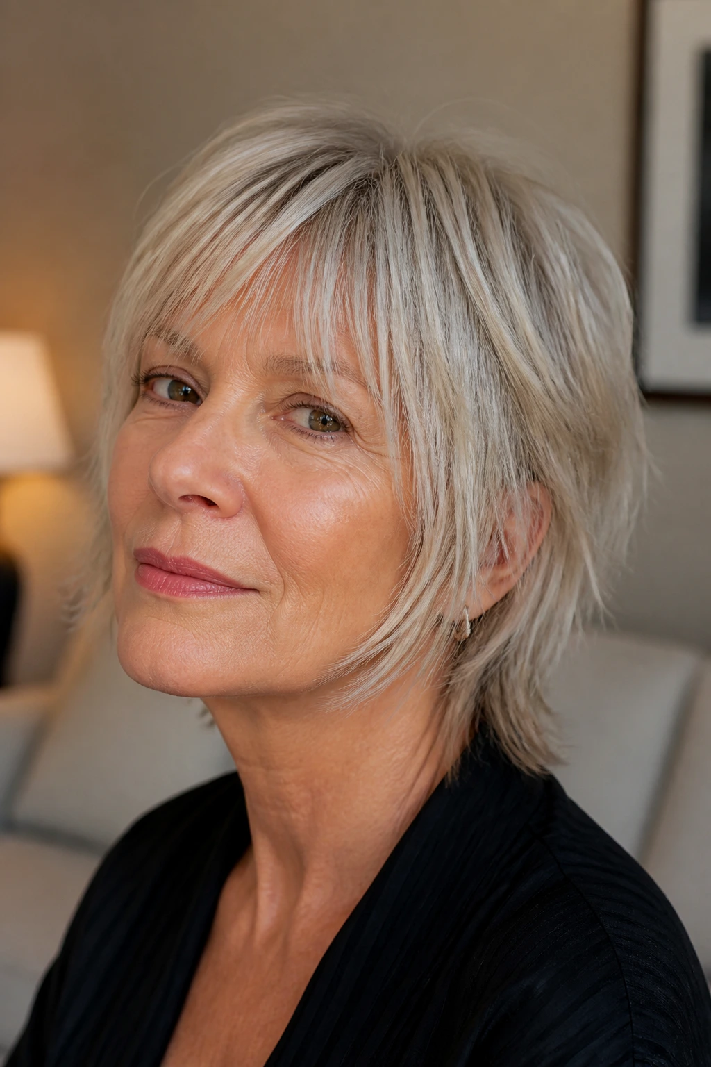 Close-up portrait of a real woman with a chin-grazing mullet in a softly lit living room