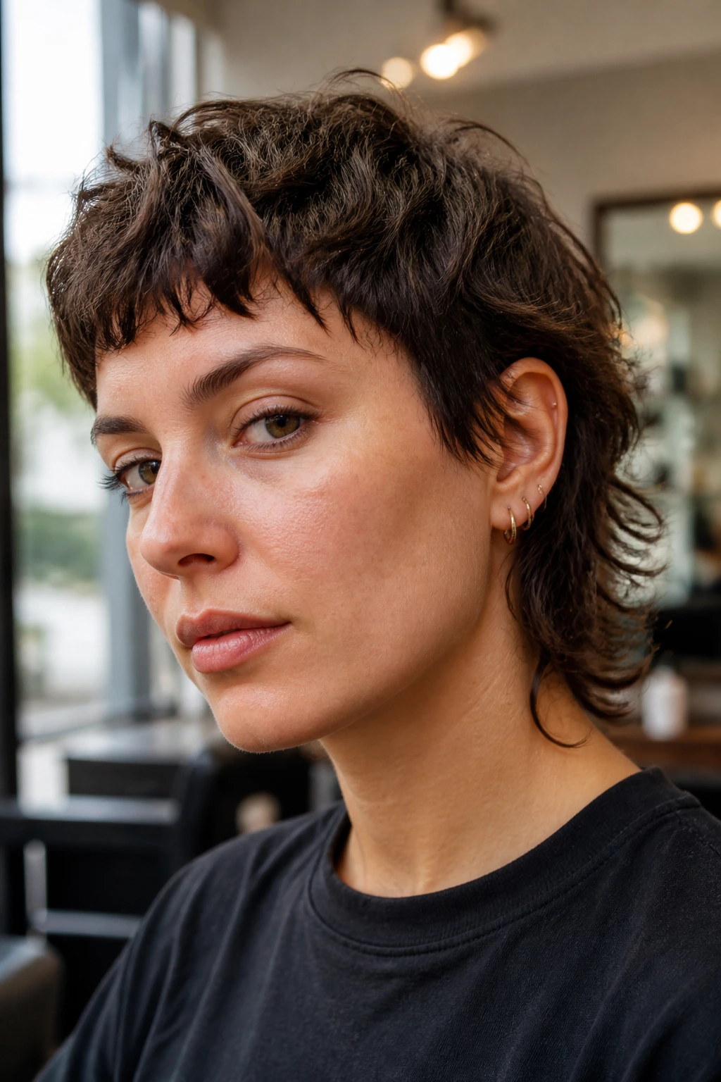 Close-up portrait of a real person with a choppy crop mullet in a warm salon