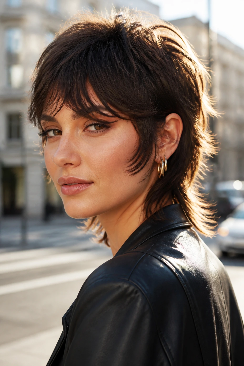 Close-up of a real woman with mullet crop and feathered front in natural light.