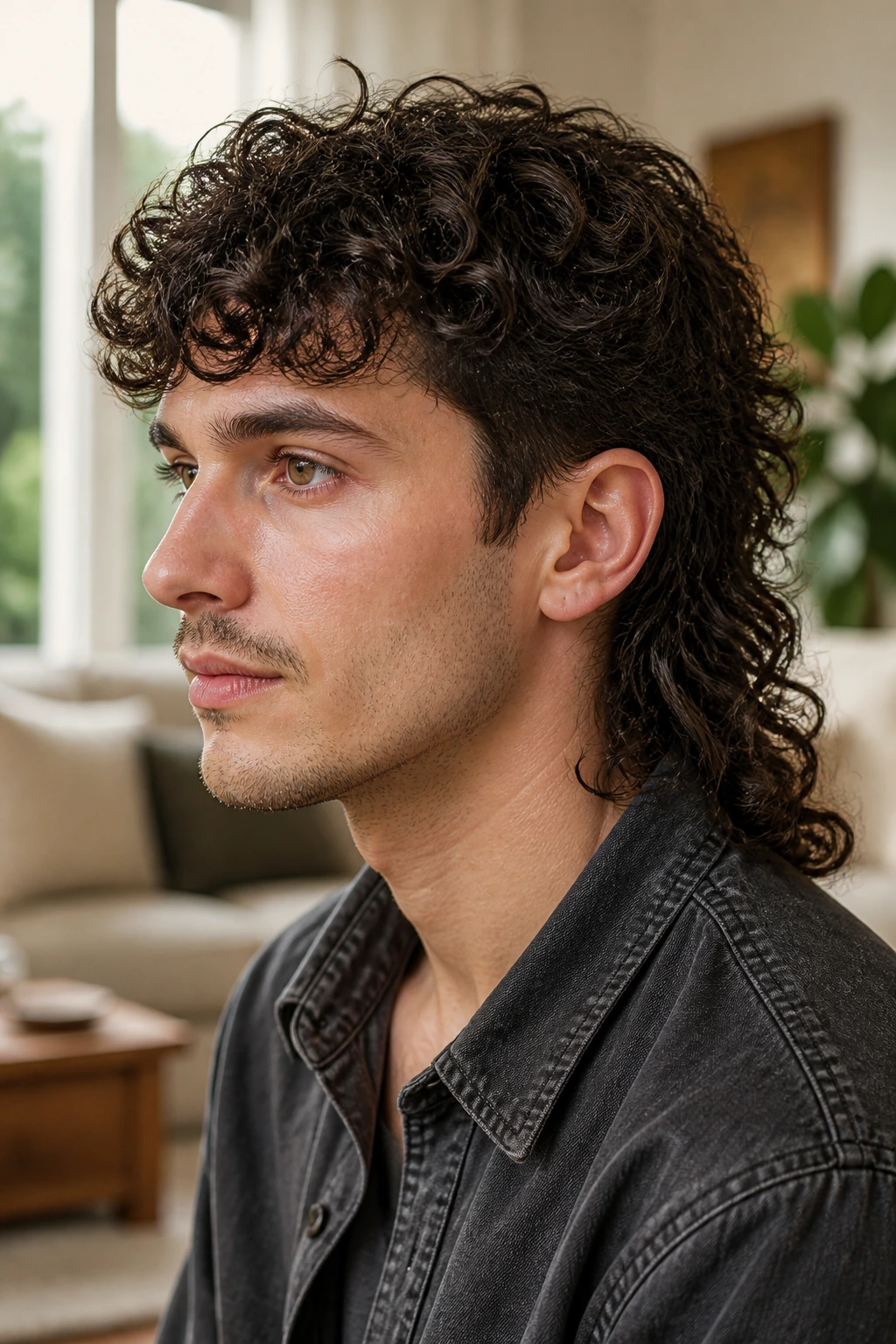 Real person with curl-led mullet in a bright living room