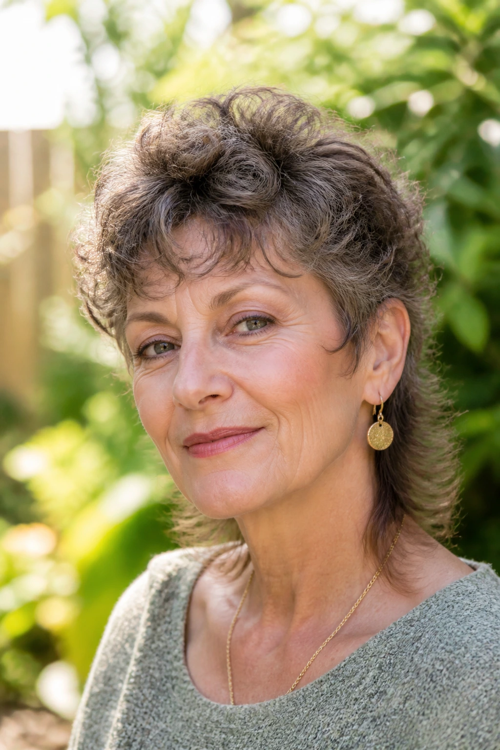 Close-up portrait of a real woman with a curly crown mullet in a sunny garden setting