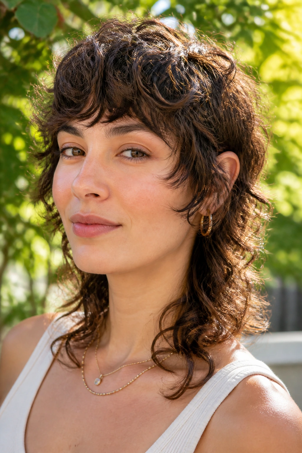 Close-up portrait of a real person with curly-edge mullet