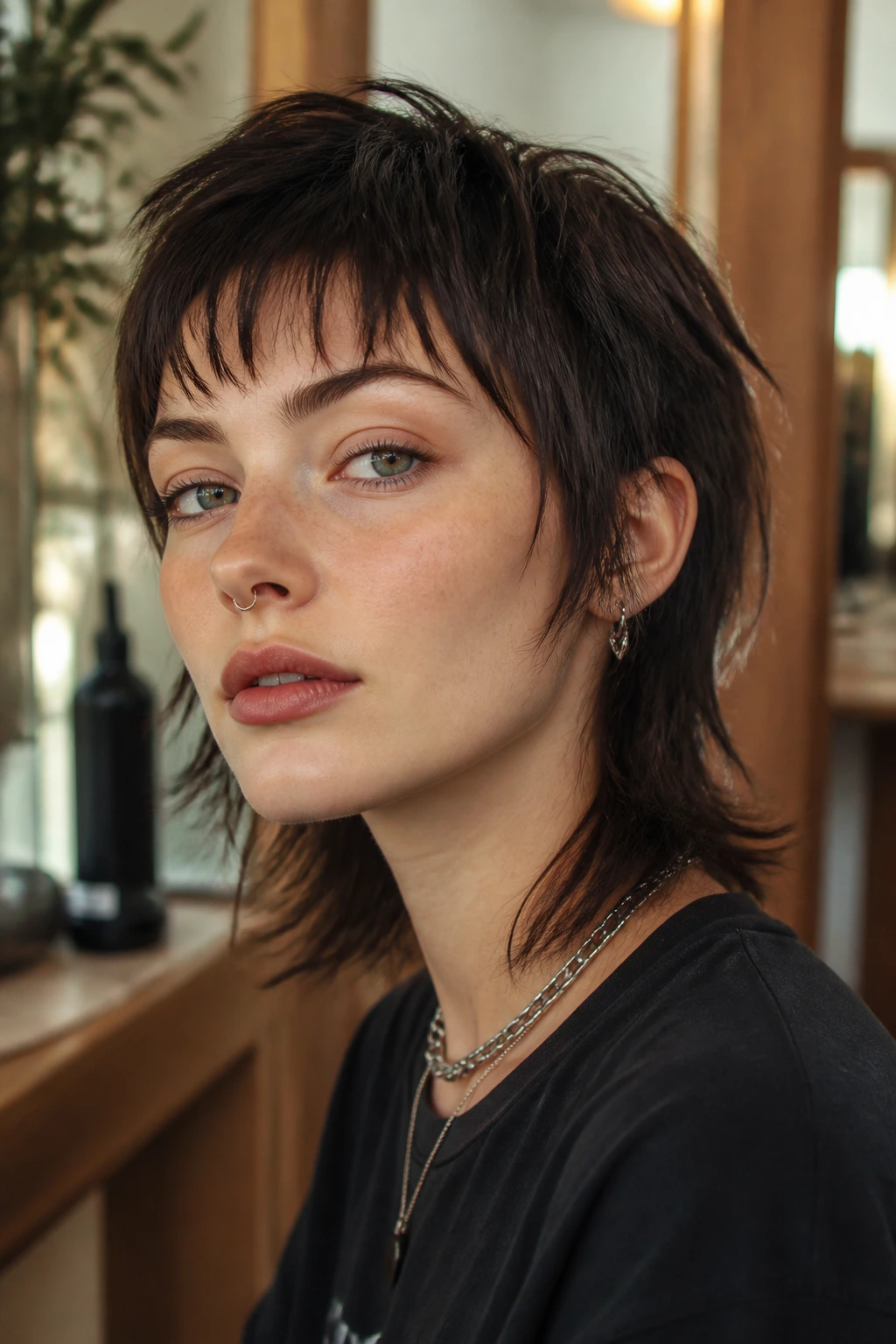 Close-up of mullet-edge bangs on a real person with matte fringe blending into a longer mullet