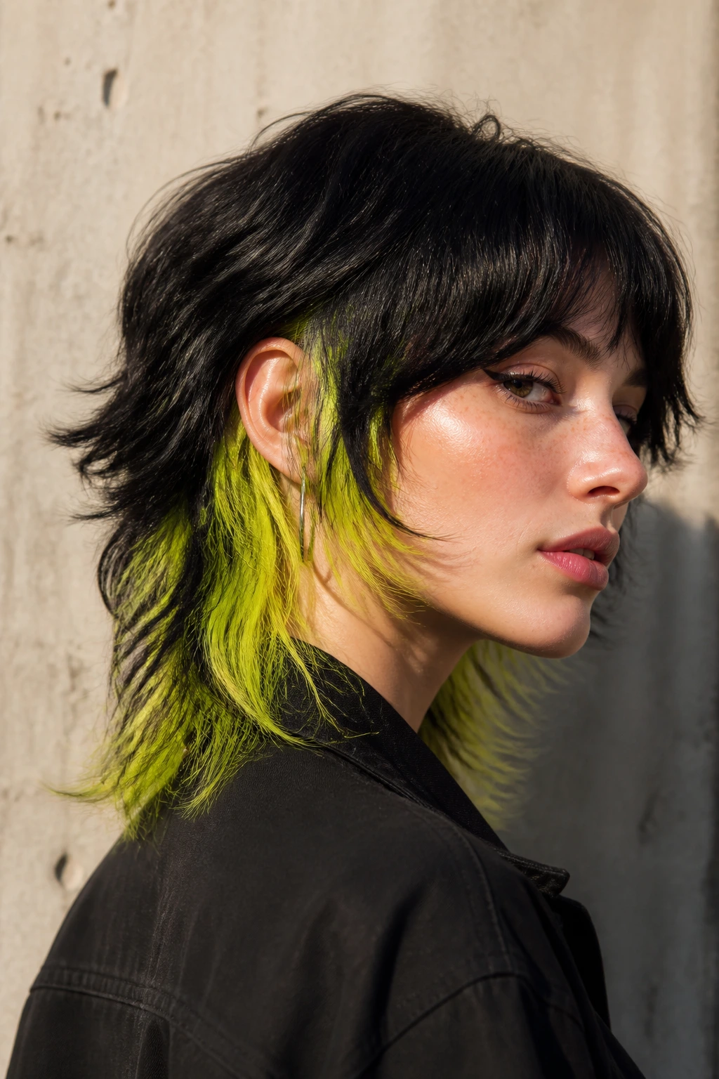 Close-up of real person with mullet-edge wolf cut and neon lime peeks