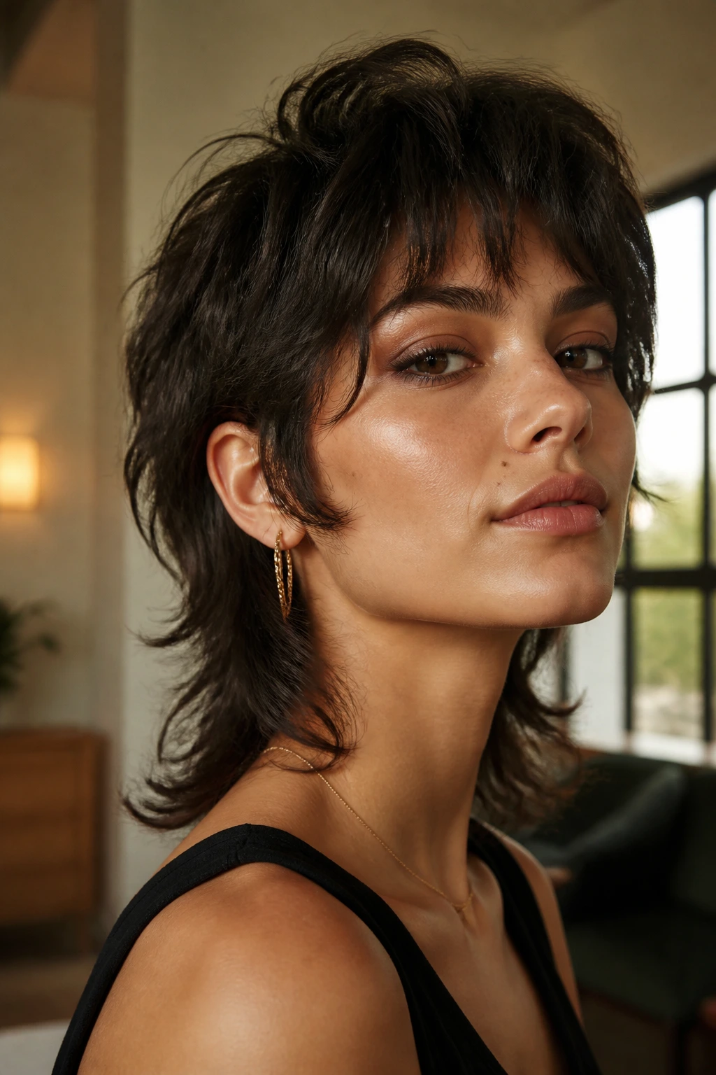 Portrait of a real woman with mullet showing face-framing and crown lift in warm indoor light