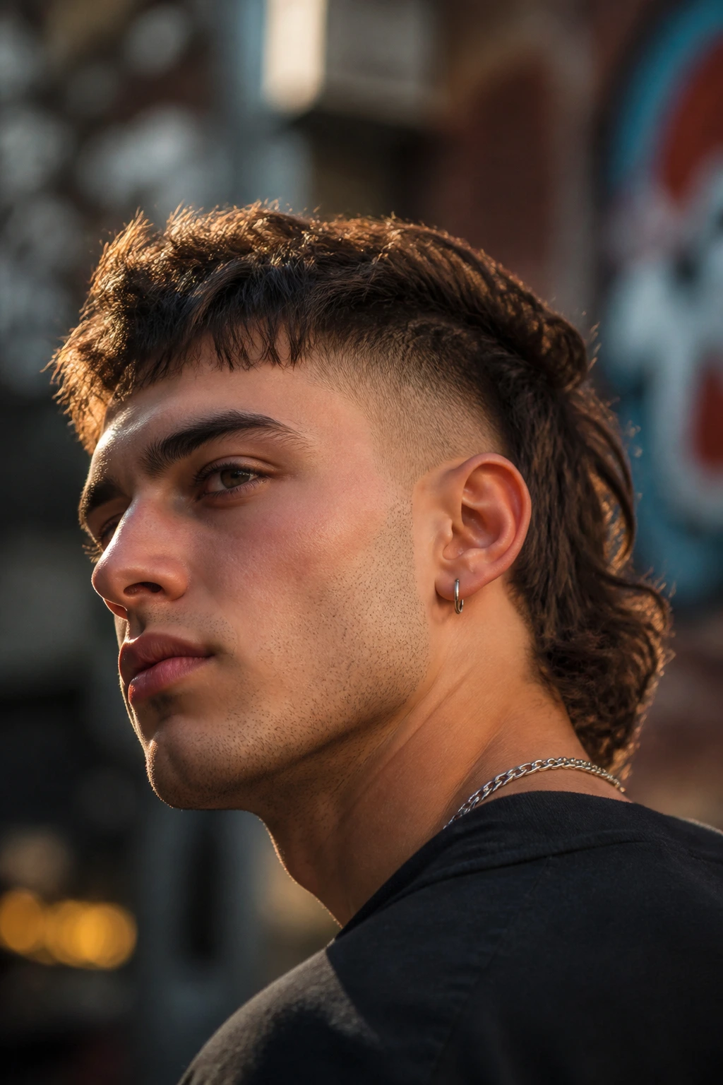 Close-up portrait of a man with a mullet fade showing short front and long back.