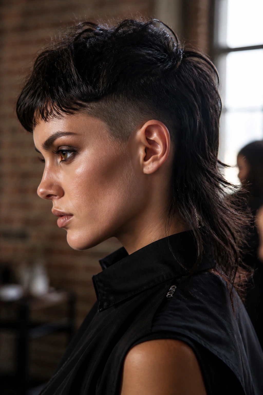 Close-up of a real woman with a modern mullet fade showing short sides and long back