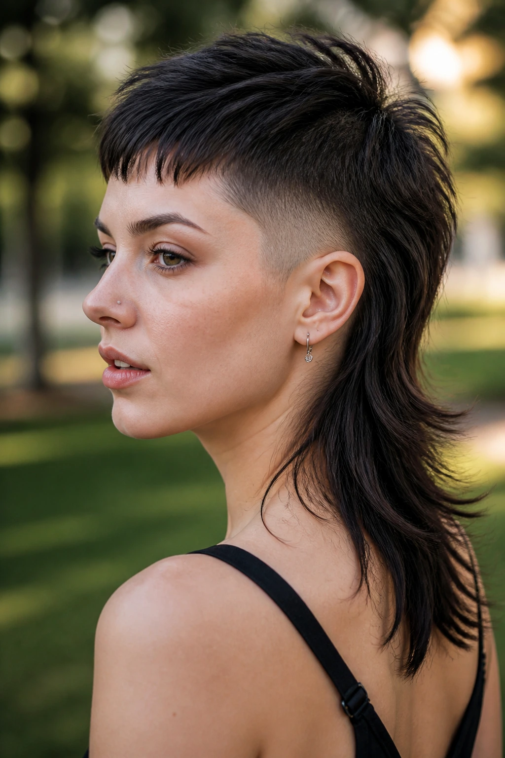 Portrait of a real woman with mullet fade and soft tail