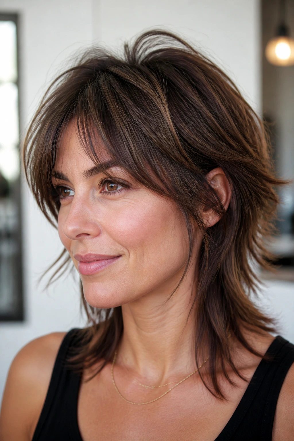 Close-up portrait of a real woman with volumized mullet for fine hair