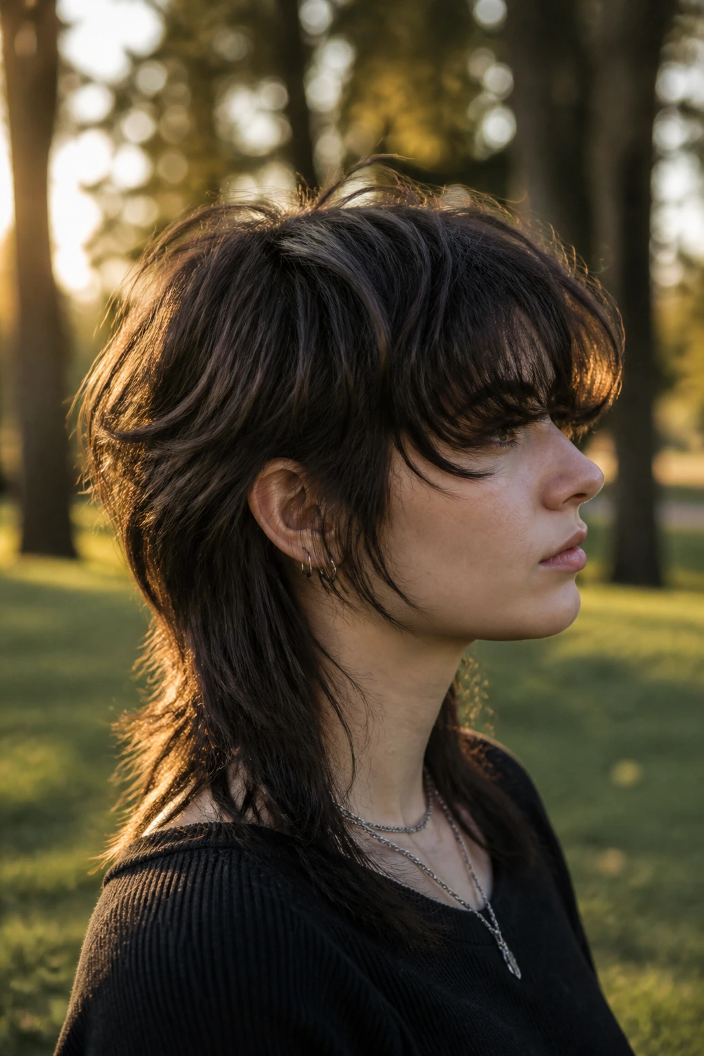 Portrait of real person with mullet-forward wolf cut and sweeping bangs outdoors