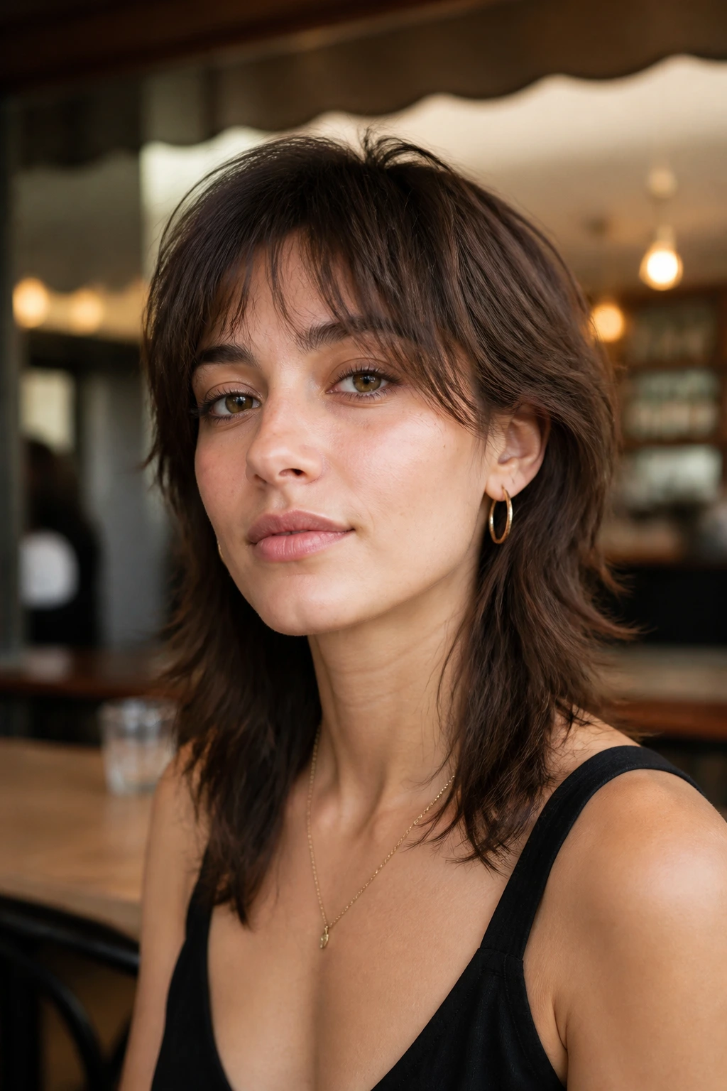 Close-up of a real person with a soft modern mullet and airy fringe