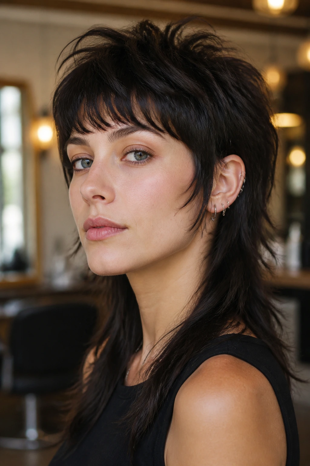 Close-up portrait of a real woman with a precisely styled mullet in a salon