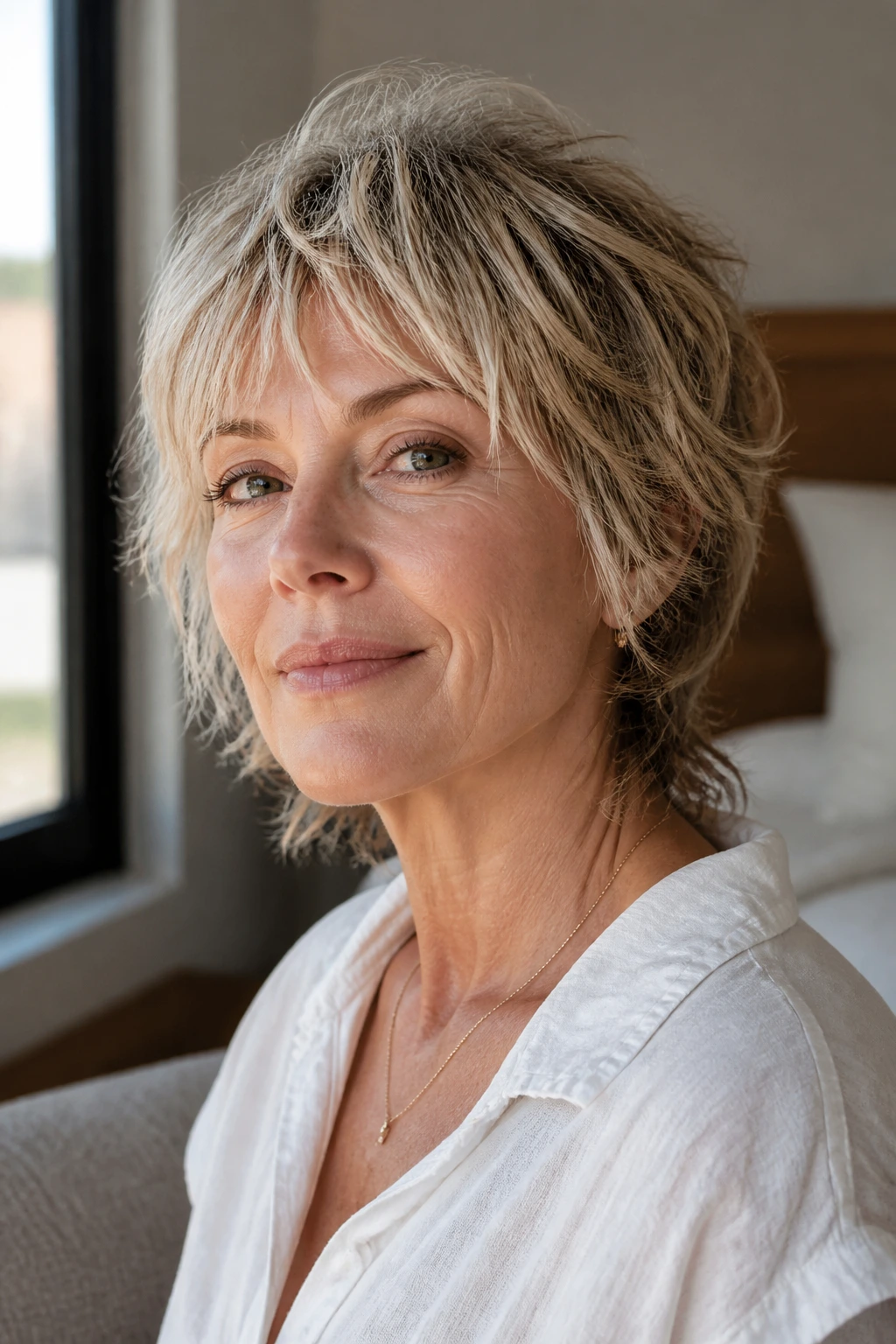 Close-up portrait of a real woman with a tousled air-dry mullet in natural window light