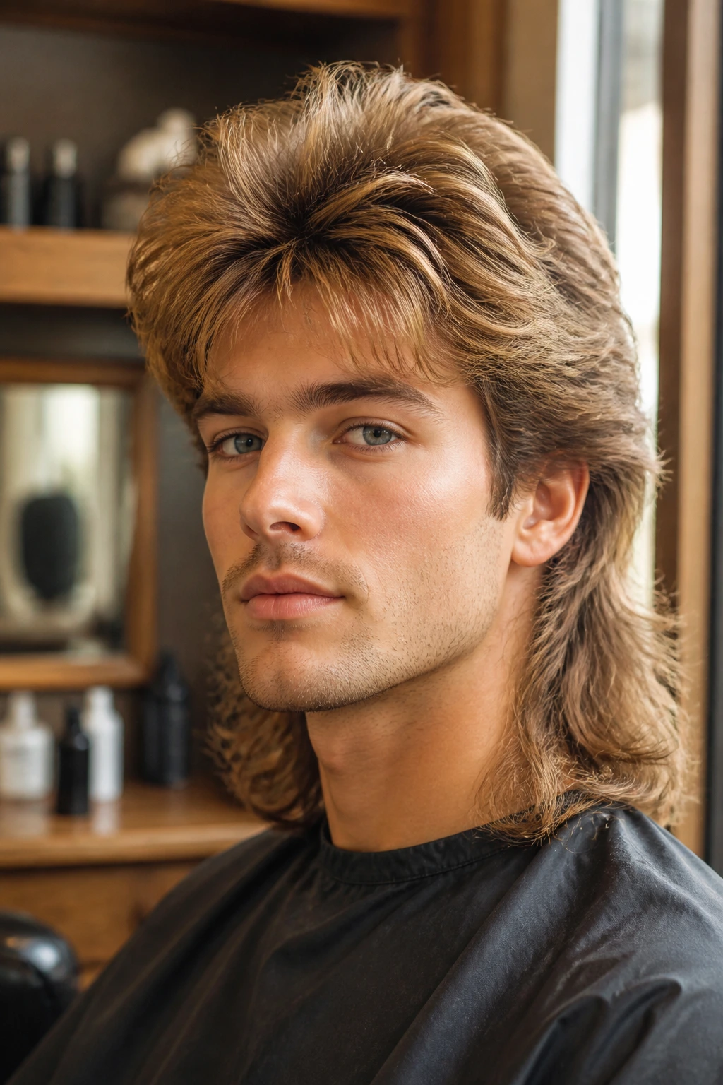 Close-up portrait of a real person with a retro feathered mullet under warm vintage salon lighting