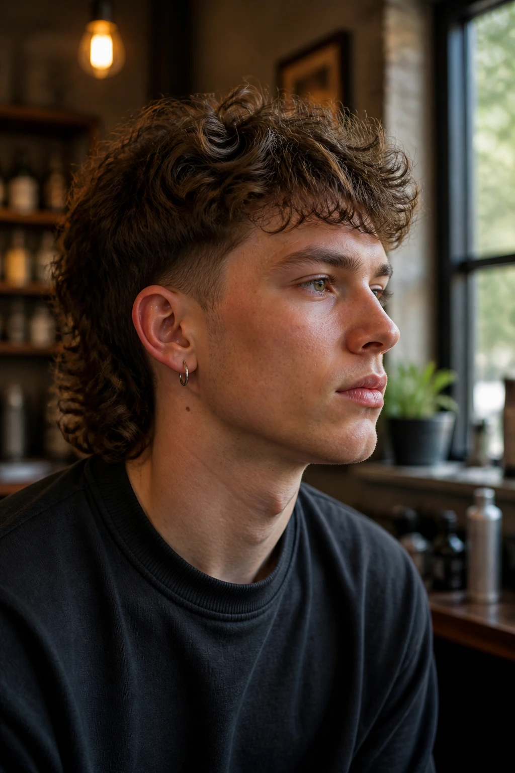 Close-up head-and-shoulders portrait of a real person with a short, wavy mullet featuring crown lift and tight sides