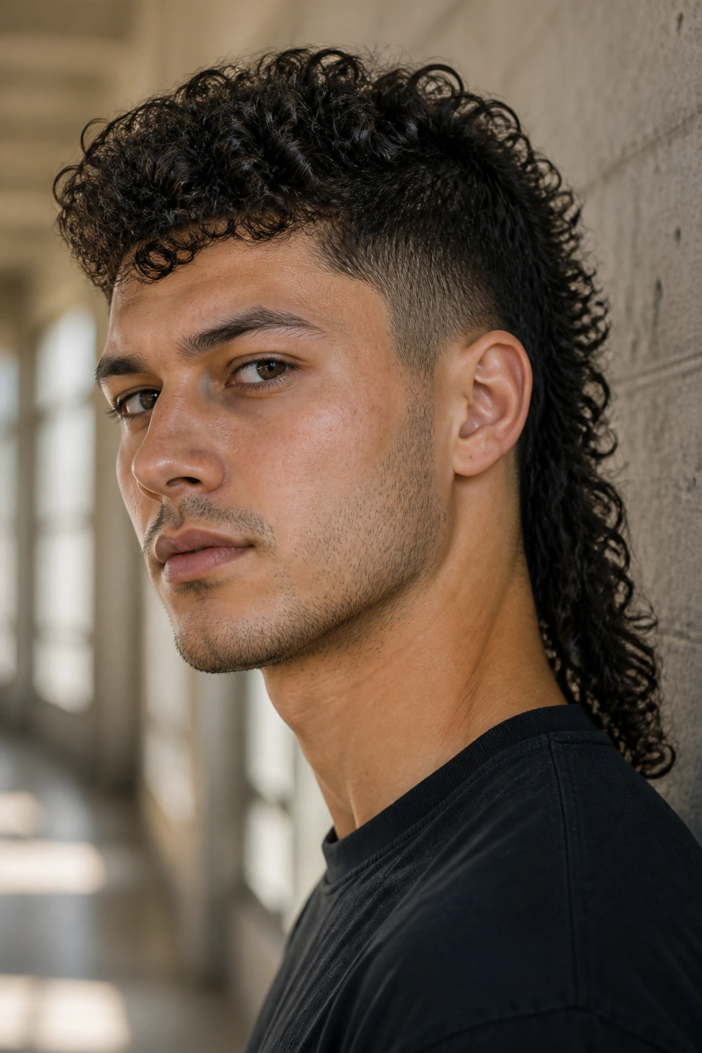 Portrait of person with mullet hawk hairstyle in hallway