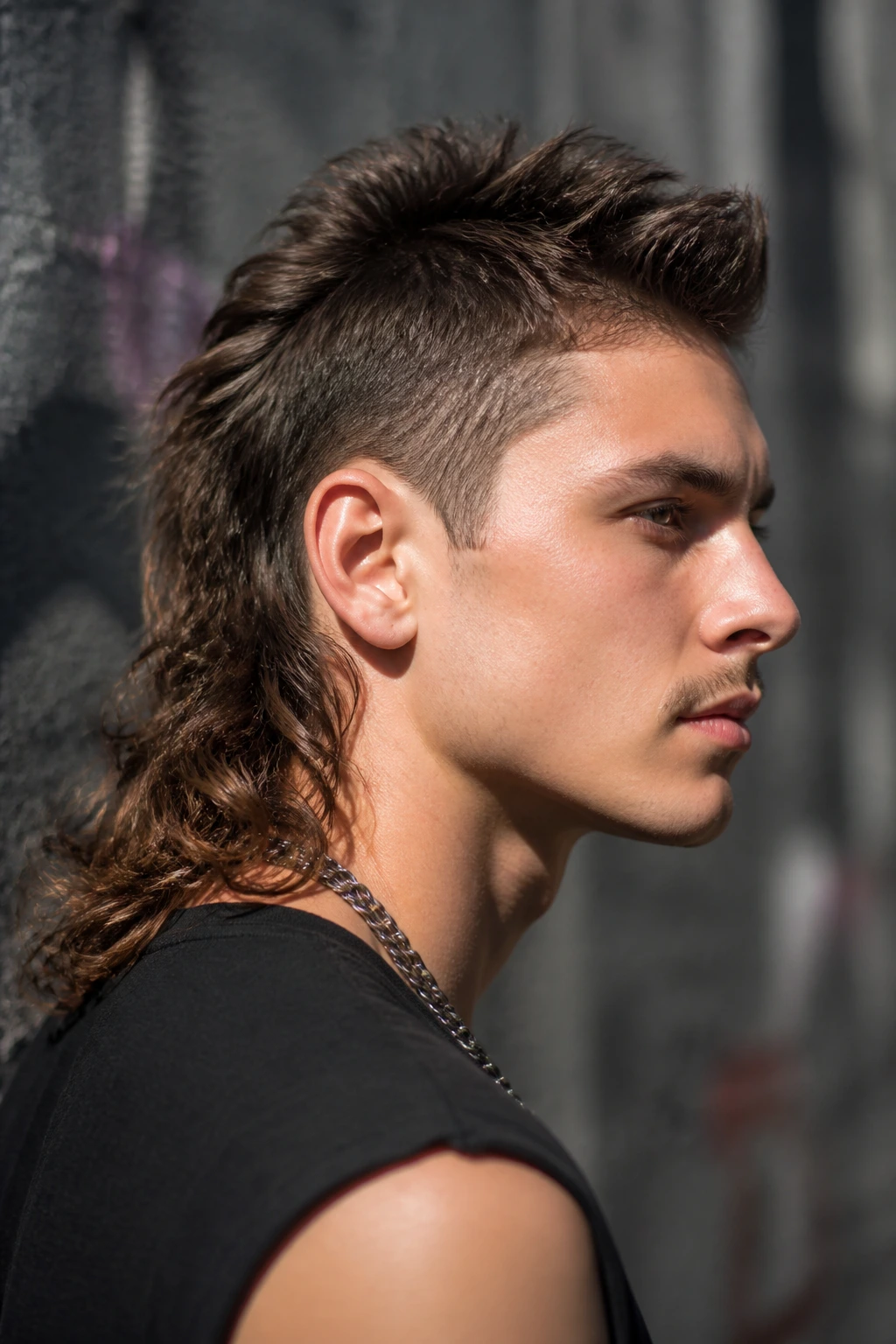 Close-up portrait of a person with mullet-hawk hybrid hairstyle in an urban alley