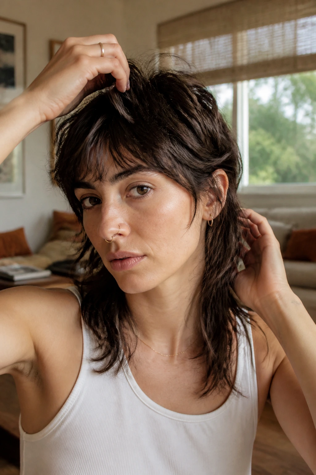Portrait of a woman with mullet styling at home