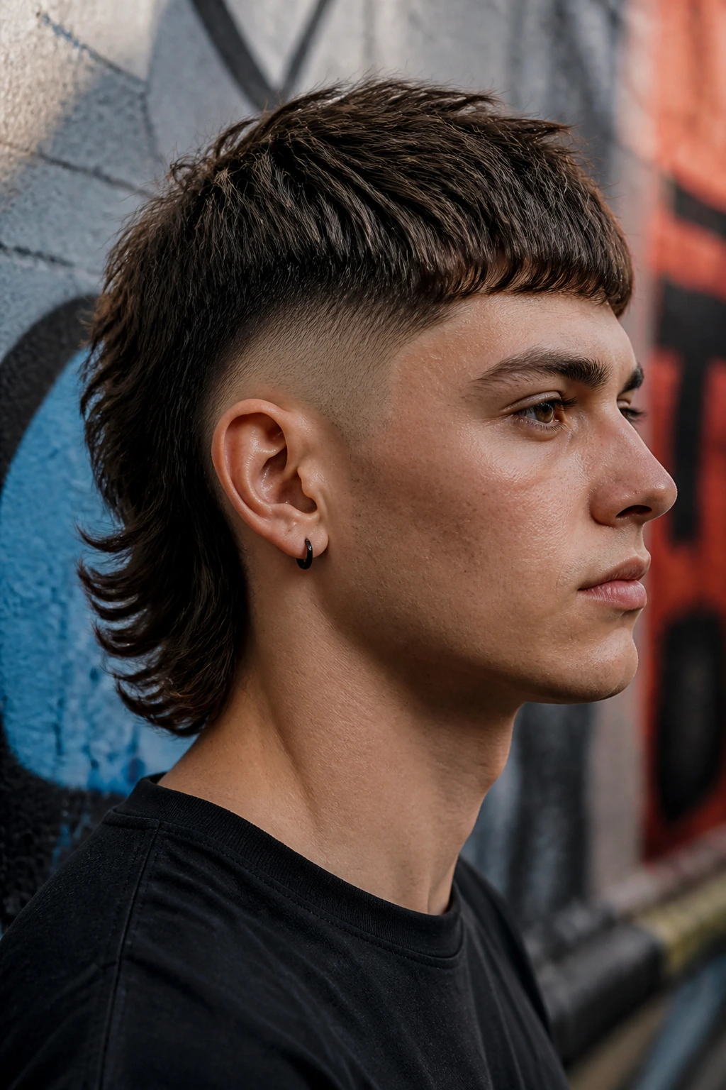 Close-up of a real person with a mullet-inflected Chelsea Cut showing longer back and shaved sides.