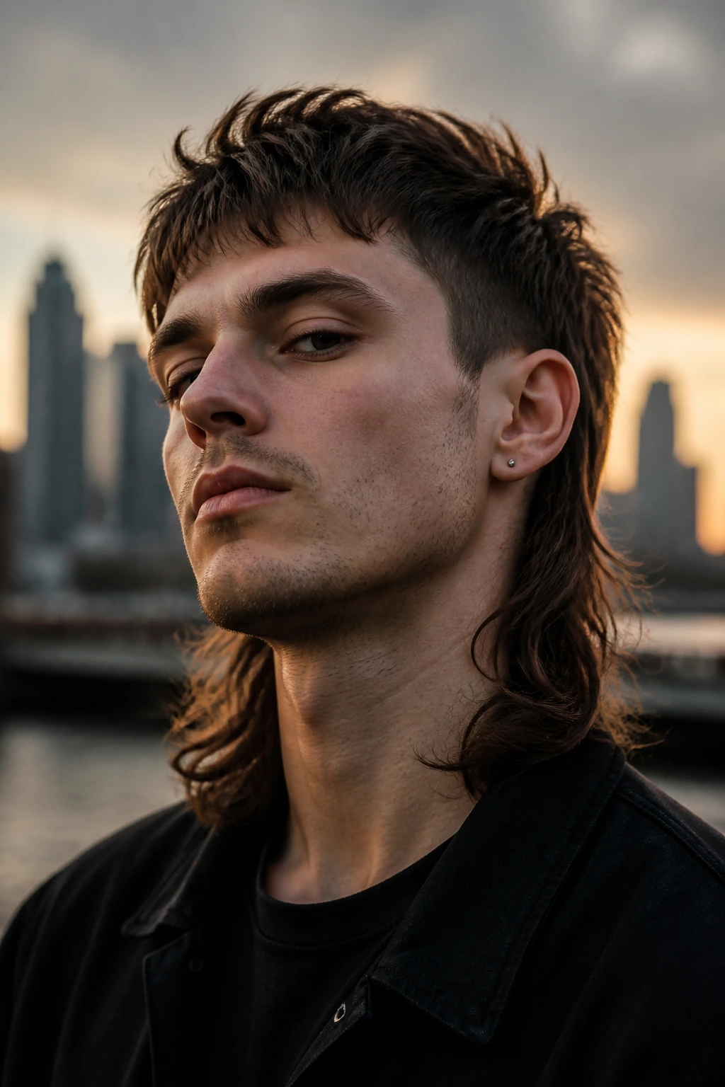 Portrait of a man with mullet-inspired long hair on a city street