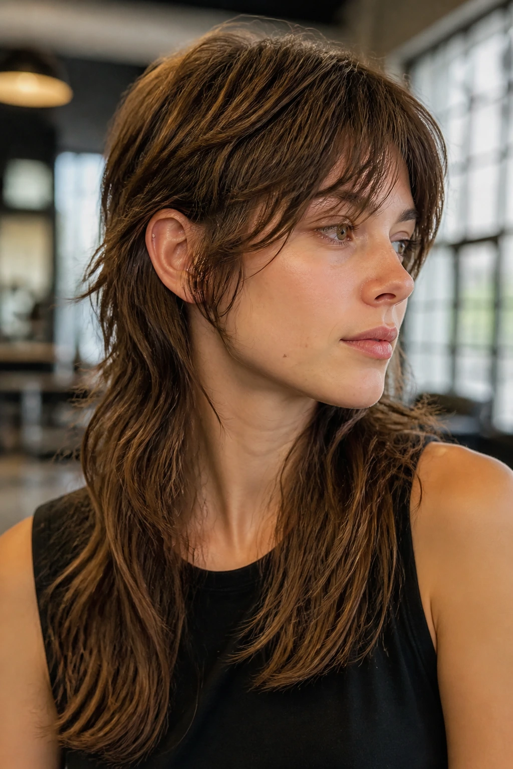 Portrait of a real person with soft mullet-inspired layers around ears and back